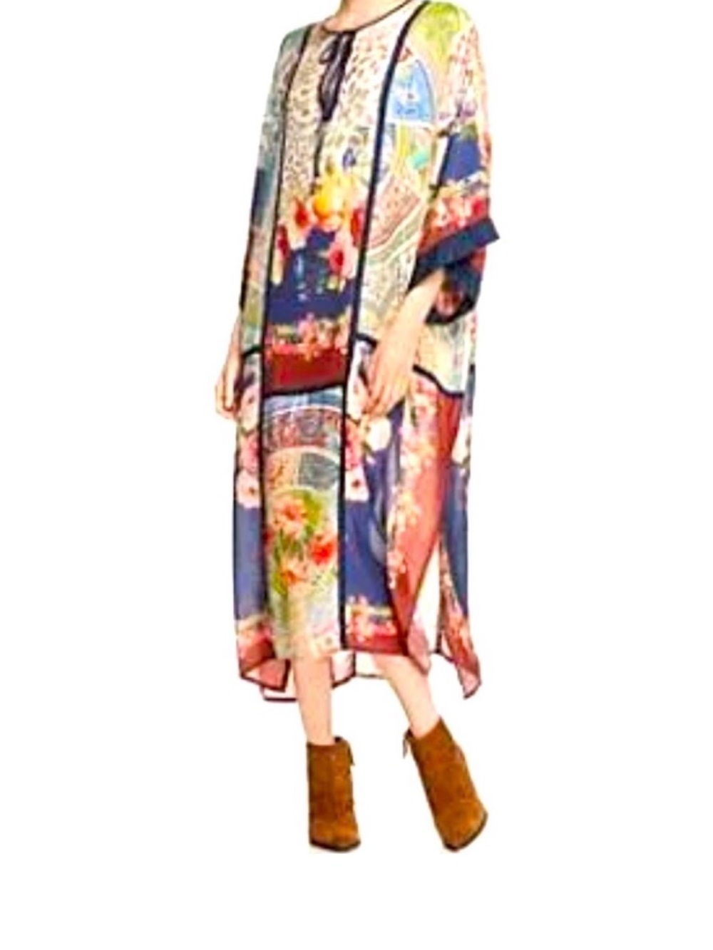 Johnny Was Multicolor Patchwork Midi Dress with Navy and Coral Accents